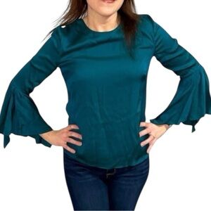 NWT Milly Teal 3/4 Flare Sleeve Silk Blouse - “Peacock Holly Top” - Size 6